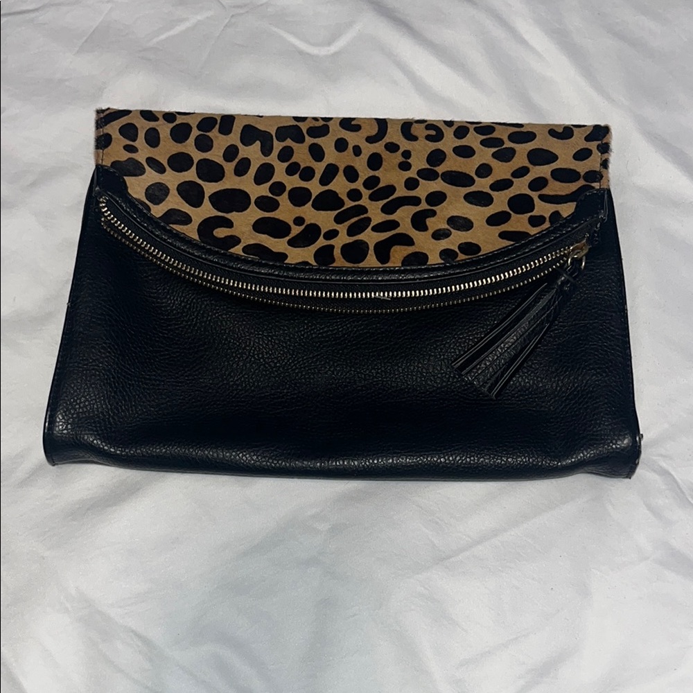 Express Black leather and calf hair Leopard Print Clutch used